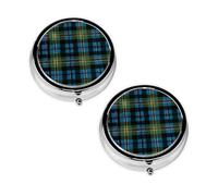 Blue and Green Scottish Tartan Round Pill Box Compact 3 Compartment Metal Pill Organizer with Print Design, Portable Travel Medication Case for Daily