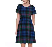 Blue and Green Scottish Tartan Womens Summer Dress Casual Swing Short Sleeve Sundresses Beach A-Line Shift Dress with Pockets