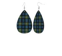 Blue And Green Scottish Tartanprint Leather Earring Stylish Waterdrop Shaped Dangle Earrings With Double Sided Print, Pvc Leather 925 Silver Plated Hooks For Womenâ€™s Fashion Holiday Party Gift