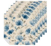 Blue And Grey Floral Motifs Cloth Napkins Set of 6, Square Premium Reusable Washable Polyester Table Linen Napkin for Dinner Party
