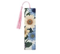 Blue and Light Beige Flowers Wooden Bookmarks 5pcs with Pink Tassels Handmade Double-Sided Printed Book Marks Page Markers Book Accessories Gift for Book Lovers Women Men