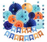 Blue and Orange Birthday Decorations Boy Birthday Party Decorations Happy Birthday Banner Navy Blue Orange Paper Pom Poms Lanterns for Men Boys Kids