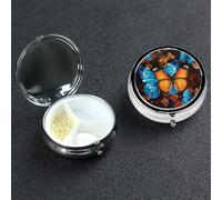 Blue and Orange Butterflies Pill Box 3 Compartment Waterproof Pill Container with Mirror Metal Medicine Box Organizer Portable Vitamin Case for Pocket & Purse Travel - Round