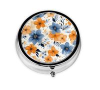 Blue and Orange Flowers Pill Case with Mirror Retro 3 Compartment Pill Box Small Pill Organizer for Purse or Pocket Decorative Metal Medicine Vitamin Organizer Unique Gifts