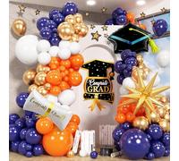 Blue and Orange Graduation Balloons Arch Garland Kit, 115 Pcs Navy Dark Blue Gold Orange Congrats Grad Balloons Class of 2025, Prom Graduation Party Decoration with Star Certificate Cap Foil Balloon