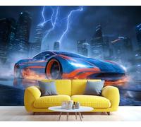 Blue and Orange Racing Car Wallpaper Urban Architecture Mural City Night Sky Mural for Living Room tv Background Large Wall Mural - 430 x 300 cm