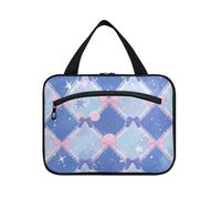 Blue and Pink Cute Bow Check Hanging Makeup Travel case with Hook, Designer Essential Shaving kit Bag for Men for Travel Make up Hotel bolso de maquillaje para Mujer L