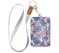 Blue and Pink Flowers Leather id Badge Holder for Women with Lanyard and 3-Card Capacity id and Card Holder for Office Shcool Hospital & Driver Licence