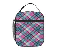 Blue and Pink Plaid Texture Lunch Box Reusable Leak-Proof Portable Insulated Picnic Office Hiking Fishing Lunch Bag