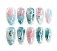 Blue and Pink Press On Nails, 3D Medium Almond Glossy Summer Nail Tips