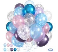Blue And Purple Balloons, 60pcs Metallic Purple Blue Balloons, Pearl Pink Silver Confetti Balloon Snowflake Print Balloon For Girls Women Kids Birthday Baby Shower Winter Snow Theme Party Wedding
