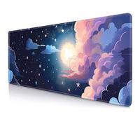 Blue and Purple Clouds Extended Mouse Pad XL,Moon and Star in Night Sky Desk Mat, Non Slip Rubber Base Stitched Edge Gaming Pc Desktop Large Mice Pad, 31.5 x 11.8 Inch