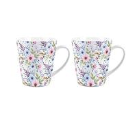 Blue and Purple Floral Small Latte Mugs Set - Ceramic White Tea/Coffee Present Gift Set of 2