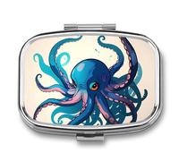 Blue and Purple Octopus Pill Box 2 Compartment Waterproof Pill Case with Mirror Square Container Metal Medicine Box Organizer Portable Vitamin Case for Pocket & Purse Travel