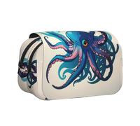 Blue And Purple Octopus Print Double Clamshell Pen Case, Zipper Pockets, Large Capacity For Art Supplies & Travel