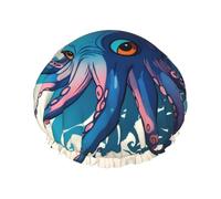 Blue and purple Octopus Printed Reusable Bathing Cap, Dual Layer Hair Cover For Long Thick Hair, 10.6in Headgear