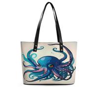 Blue And Purple Octopus Tote Bag Large Soft Leather Purse with Zipper Lightweight Ladies Shoulder Handbag