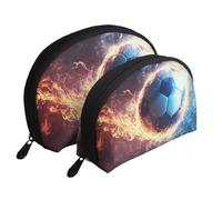 Blue and Red Flame Football Printed Makeup Bags 2-Piece Portable Shell Travel Toiletry Bag