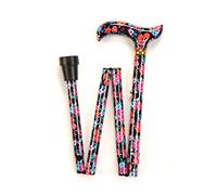 Blue and Red Flowers Pattern Ladies Folding Adjustable Walking Stick with a Floral Patterned Handle (33-36.5")
