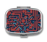 Blue and Red Pattern Pill Box 2 Compartment, Portable Pill Case with Mirror for Pocket Purse Travel, Mini Metal Medicine Organizer for Vitamins Fish Oil