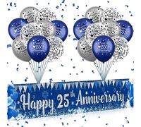Blue and Silver 25th Anniversary Party Decorations - 18 Navy Balloons, Happy Anniversary Banner for Wedding Celebration Supplies