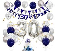 Blue and Silver 30th Birthday Decorations for Him and Her - Luxury Party Set with 30 Foil Balloons, Banner, Confetti Balloons, Cake Topper and Bunting - Elegant Milestone Birthday Décor Kit for Adults