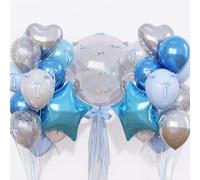 Blue and Silver Balloons Heart Star Mylar Balloons, Happy Birthday Decorations for Men Women, Metallic Light Baby Blue Silver Balloon 18 in Clear Confetti Heart Star Shape Foil Balloon as Party Decor