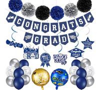 Blue and Silver Congrats Grad Banner and 2024 Graduation Hanging Swirls Graduation Balloons 2024, Congratulations Graduation Banner for Blue Silver Congratulations Graduation Party Decorations 2024