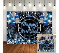 Blue and Silver Glitter New Year Backdrop for Photography 2026 New Year's Eve Party Decorations fireworks Balloon New Year Christmas party Photo Booth Props (7X5FT)