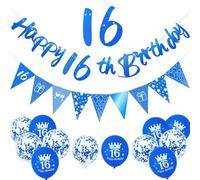 Blue and White 16th Birthday Celebration Set with Banner, Bunting, Balloons, Crown and Confetti - Premium Party Supplies for Home, Venue, Indoor and Outdoor Milestone Decorations