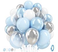 Blue and White Balloons, 50 Pcs 12 Inch Pastel Pearl Blue White and Metallic Silver Latex Balloons with Double Stuffed Clear Balloon for Boys Birthday Baby Shower Wedding Bridal Shower Party Decor