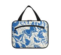 Blue and White Butterfly Flowers Hanging Bags for Traveling Women with Hook, Designer Multifunctional Makeup Bag Organizer for Travel Must Haves Toilet estuche para brochas maquillaje L