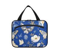 Blue and White Butterfly Flowers hanging men toiletry bag with hook, designer washable travel bag toiletry for womens toilet porta cosmeticos mujer para cartera M, Blue and white butterfly flowers, M