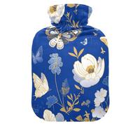 Blue and White Butterfly Flowers hot-Water Bottle with Soft Cover, 2L hot compresses for The Body for Hot and Cold Therapies, Hand Feet Warmer, Bolsa Caliente para Dolores Menstrual