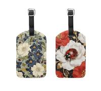 Blue and White Camellias Red Ladybugs and Flowers 2 Pcs Luggage tag Ship Essentials Travel Tags with Name ID Card for Preventing Loss of Bags