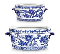 Blue and White Ceramic Planter Pot - Vintage Floral Oval Cachepot Vase for Indoor Plants, Flowers & Succulents - Glazed Chinese Porcelain Style Decorative Bowl - 7.4" or 10.6" Size - No Drainage