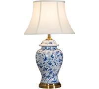 Blue and White Ceramic Tablep 26" Hand-Painted Flowers and Birds Bedsidep, Fabric Tapered Drum Shade,Chinoiserie Tablep for Liviroom Bedroom