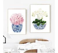 Blue and White Chinese Vase Watercolor Flower Art Prints Willow Style Porcelain Canvas Poster Painting Home Wall Decor 80x120cmx2 frame