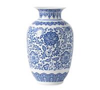 Blue and White Chinoiserie Decorative Ceramic Vase - Glossy Table, Living Room, Bookshelf, Mantle, Centerpiece - 9 inches