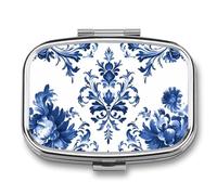 Blue and White Chinoiserie Flower Pill Box 2 Compartment Portable Medicine Pill Case Travel Pill Organizer for Pocket Purse