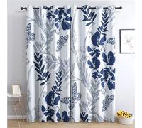 Blue and White Curtains for Bedroom Living Room - Floral Leaf Butterfly Blackout Curtains 52 x 84 Inch (Width x Drop), Thermal Insulated Eyelet Curtains & Drapes, Patterned Window Treatments F-#196