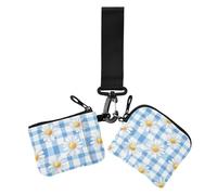Blue and White Daisy Checkerboard Dual Coin Purse Credit Card Holder Wallet Cute Fashion Wristlet Wallet Key Holder with Wristlet Strap for Daily Use 2 Pcs, Blue and white Daisy checkerboard, One Size