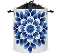 Blue And White Decorative Flower Tile Laundry Basket Laundry Hamper Round Collapsible Drawstring Clothes Hamper for Bedroom Bathroom