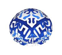 Blue And White Decorative Square Tile Prints Shower Cap Double Layer Lined Waterproof Bathing Shower Hat