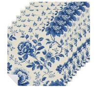 Blue And White Floral Motifs Cloth Napkins Set of 6, Square Premium Reusable Washable Polyester Table Linen Napkin for Dinner Party