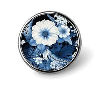 Blue And White Floral Pattern Lapel Pin Fashion Brooch Pin Cute Button Badges Round Button Pins Enamel Pins Metal Pinback for Hat Shirt Clothing Bags Decoration, Circular, Aluminum, no gemstone
