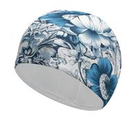 Blue and White Floral Pattern Swim Cap for Women Men Waterproof Bathing Caps Keep Hair Dry Elasticity Adult Swimming Caps Comfortable Long Hair Swim Hat Non-Slip Fabric Swimming Cap
