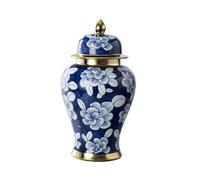 Blue and White Floral Porcelain Ginger Jar Vase with Lid Chinoiserie Ceramic Flower Vase Traditional Oriental Temple Jar(Medium)
