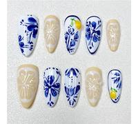 Blue and white flower hand-painted series nail art false nails pressed 3D relief almond length nail decoration(L)