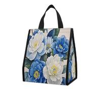 Blue And White Flowers Lunch Bag for Women Men Cooler Bags Foldable Lunch Box Large Capacity Reusable Insulated Cooler Leakproof Lunch Tote Bag for Work Picnic Beach Or Travel